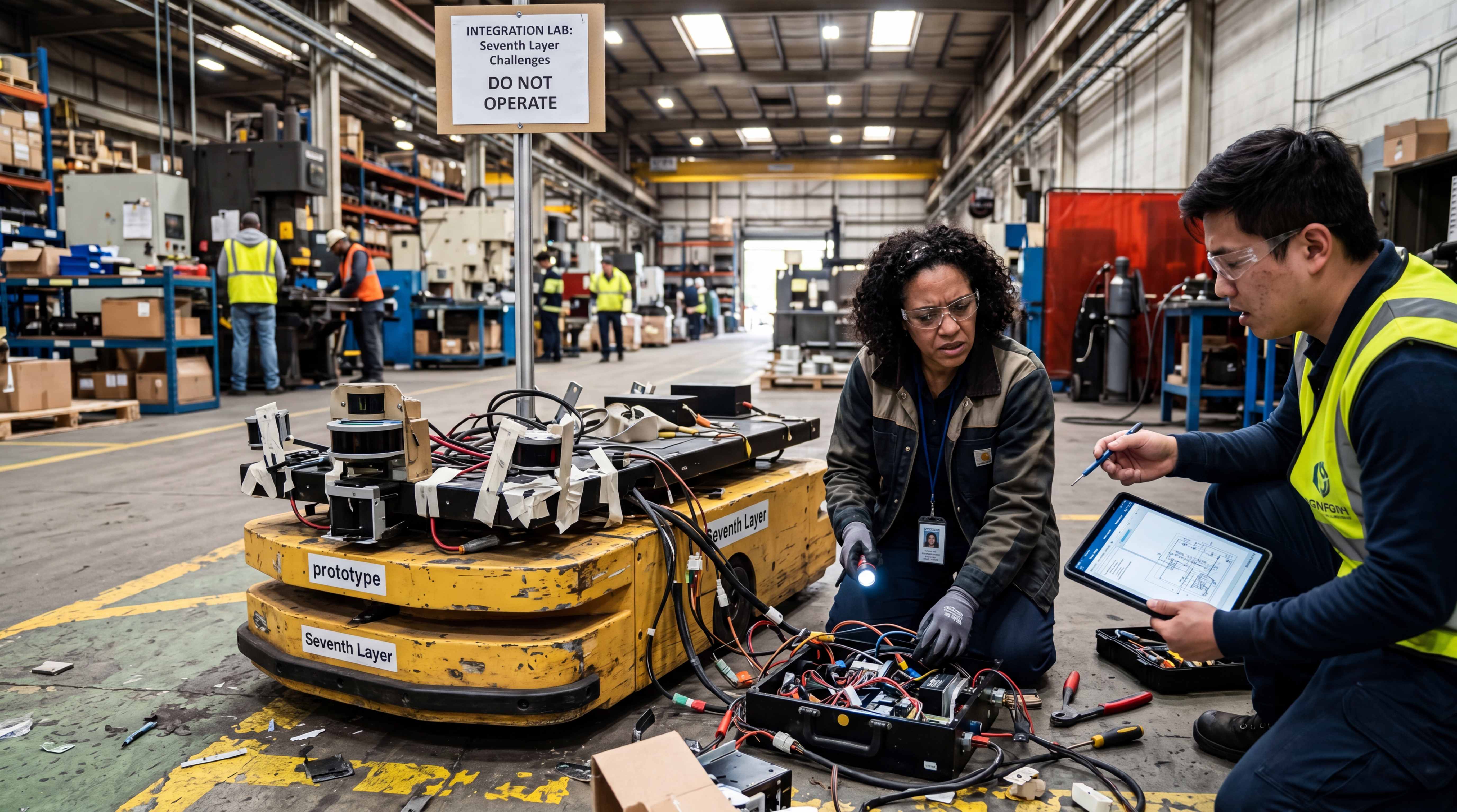 Engineers troubleshooting prototype mobile robot integration issues in an industrial testing environment